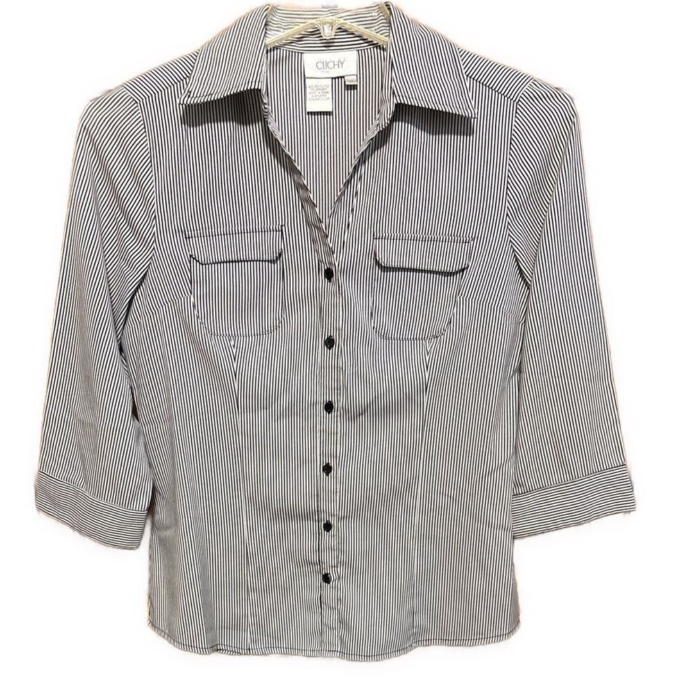 Women’s Medium Clichy Black and White Striped Button-Up Stretchy Shirt
